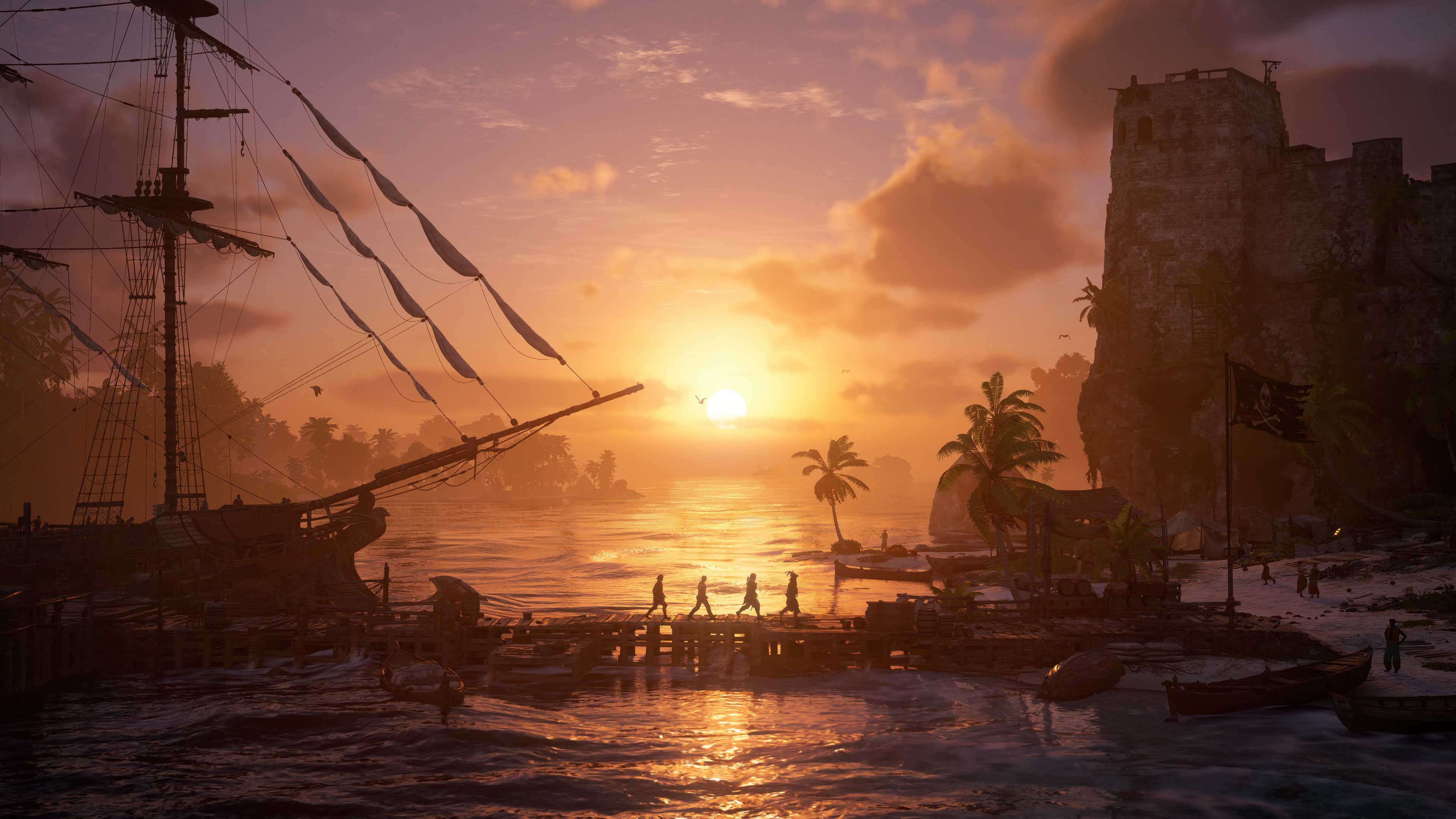 AC Black Flag Resynced — the Jackdaw sailing at sunrise